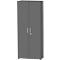 A gray cabinet with two doors, handles, and a lock.