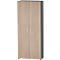 Wardrobe with wood grain, two doors, silver handles.