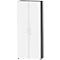 A white cabinet with two doors, silver handles, and gray side panels. Standing on small black feet.