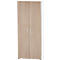 A tall cabinet with two doors made of light brown wood. The sides are white, it has two silver handles and a lock.