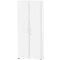 A white cabinet with two doors and silver handles, against a white background.