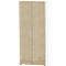 A tall cabinet with two wood-look doors. The sides and top are white. There are metal handles and a lock on the doors.