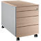 Caisson mobile beige avec côtés gris et quatre tiroirs. Le caisson repose sur quatre roulettes.