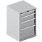 Gabinete gris con cuatro cajones y tiradores plateados.