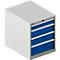 Gabinete con cuatro cajones azules. Cuerpo gris, manijas plateadas.