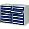 Schäfer Shop Select cajonera SF 120, 12 cajones con placas de identificación, con cerradura, anchura 1055 x profundidad 500 x altura 723 mm, color gris claro RAL 7035/azul benigno RAL 5010