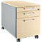 Cajonera rodante beige y gris con tres cajones, tiradores plateados y ruedas.