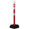 Red and white traffic bollard on black base.