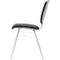 Vue latérale d'une chaise moderne. Siège gris, dossier et cadre en métal argenté.