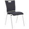 Chaise bleu foncé avec quatre pieds en métal et une ouverture dans le dossier.