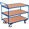 Schäfer Shop Select Chariot à plateaux, léger, plateau acier/MDF, bleu gentiane/décor hêtre, 3 plateaux, L 985 x l 605 mm, roulettes TPE avec EasySTOP, jusqu'à 250 kg