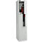 Gray locker with open door. Inside are hangers with jacket and tie. Compartment for valuables at the bottom.