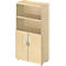Light brown office cabinet with open shelves and closed doors.