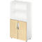 A white shelf with two open compartments and a base cabinet with wooden doors and metal handles.