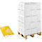 A stack of white boxes on a wooden pallet and a yellow stack of paper next to it. The boxes are printed with 'www.schalter-shop.com'.