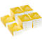 Several stacks of yellow paper packs with white print. Some lie flat, others stand upright.