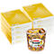 Top view of stacks of paper and Haribo Goldbears. Yellow paper and a transparent tub of Goldbears.