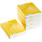 Yellow stacks of paper with the inscription Paper@Print. The lid shows a pattern of white circles.