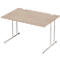 Light brown desk with a rectangular table top, light gray legs, and a simple design.