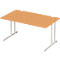 A rectangular wooden table with metal legs. The tabletop is light brown, the legs white and silver.