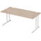 Light brown desk with metal legs. Wood look, white frame, rectangular.