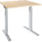 A height-adjustable desk with a beige tabletop and silver legs. It stands against a white background.