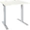 White, square height-adjustable desk, silver legs.
