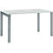 White table with gray metal legs, equipped with height-adjustable feet.