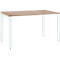 Rectangular table with a light brown tabletop and white, angular legs.