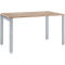 Rectangular table, light wood top, gray metal legs.