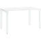 White table with a rectangular tabletop and four square legs.