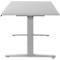 A gray height-adjustable desk with a square tabletop and a rectangular base.