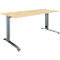 Light brown desk with metal frame. Rectangular table top, grey, height-adjustable legs.