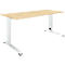 Light brown desk with white height-adjustable legs, against a white background.
