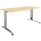 Light brown rectangular desk with silver, height-adjustable legs.