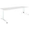 A white height-adjustable desk with a rectangular tabletop and two legs.