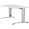 Desk with white tabletop and silver height-adjustable legs.