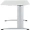 White height-adjustable desk. Tabletop, column and frame are light gray, the feet have black pads.