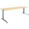 Beige desk with silver legs. Height adjustable, simple design.