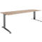 A long, height-adjustable desk with a beige wooden top and gray metal legs. The design is minimalistic.