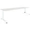 A white, height-adjustable desk with a rectangular tabletop and white metal frame.