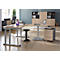 Office with height-adjustable desks, chair, mobile pedestal, and cabinets. Laptops and tablets on the desks.