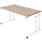 Light brown desk with white, height-adjustable legs. The tabletop has a wood grain.