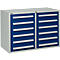 Blue and gray tool cabinet with drawers, silver handles.