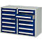 Blue-gray tool cabinet with 14 drawers; one is open.