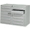 Grey tool cabinet with open drawer. The cabinet has multiple drawers with silver handles.