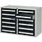 Grey tool cabinet with open drawer, grey drawer fronts, silver handles.