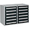 Grey tool cabinet with two columns of drawers, dark drawers with light handles.