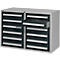 Tool cabinet with drawers, one open. Dark drawers, silver handles, light grey cabinet.