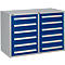 Blue and grey tool cabinet with drawers. Cabinet with two sections, each with drawers in blue and handles in silver. There's a small logo at the top left.